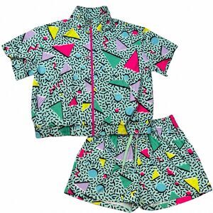 80s 90s Retro Outfit 2 Piece Zip Up Windbreaker Shorts Neon Print Track Suit L